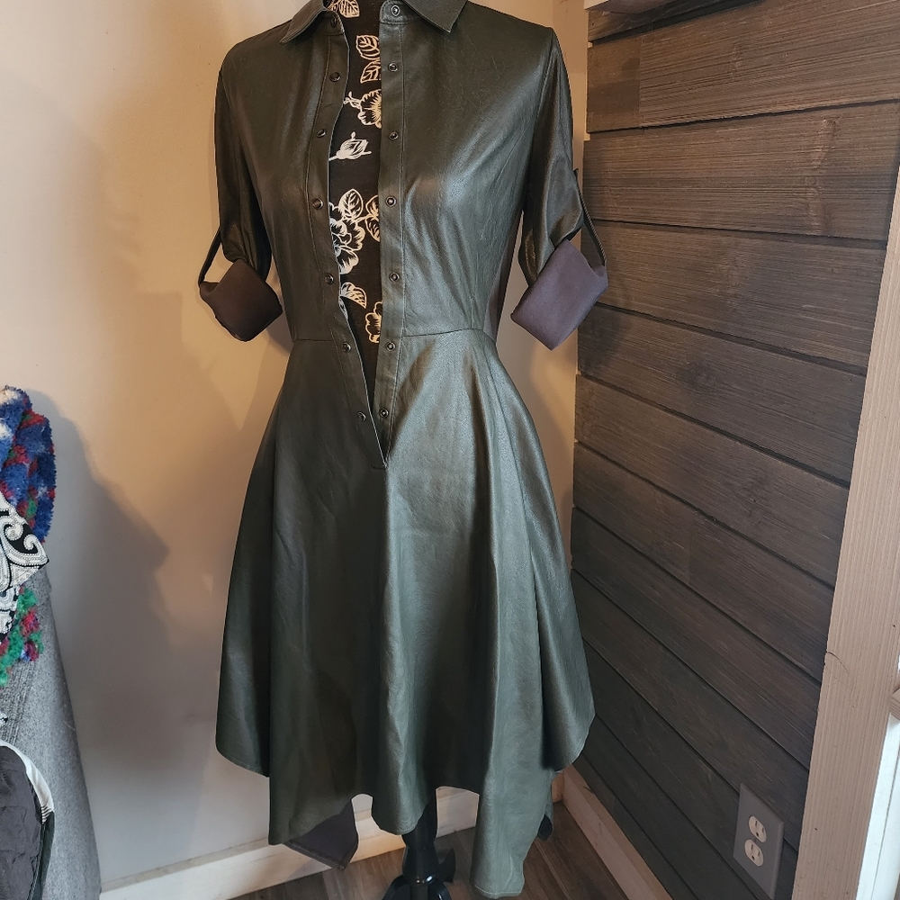 BCBG Maxazria XS Olive Green Faux Leather Dress
